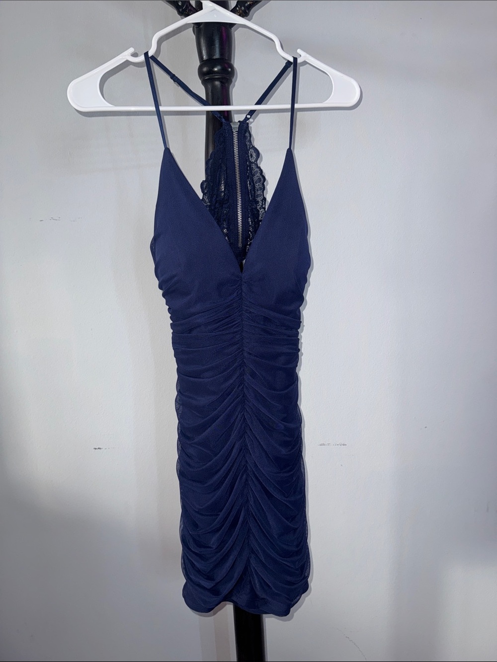 Honey and Rosie Navy Ruched Lace-Back Mini Dress 17.2.B.1